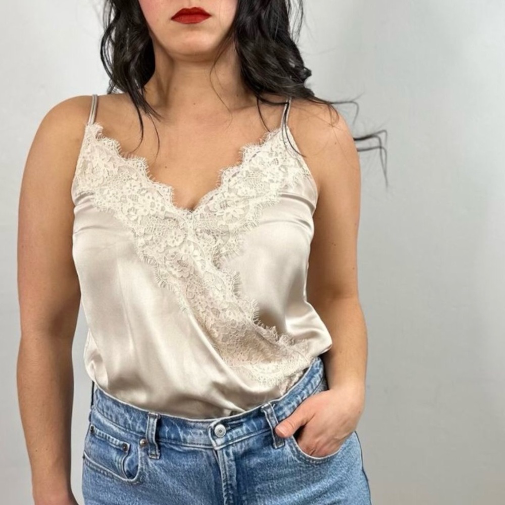ABERCROMBIE & FITCH Smooth Satin Delicate Lace Wrap Front Cami Style Bodysuit